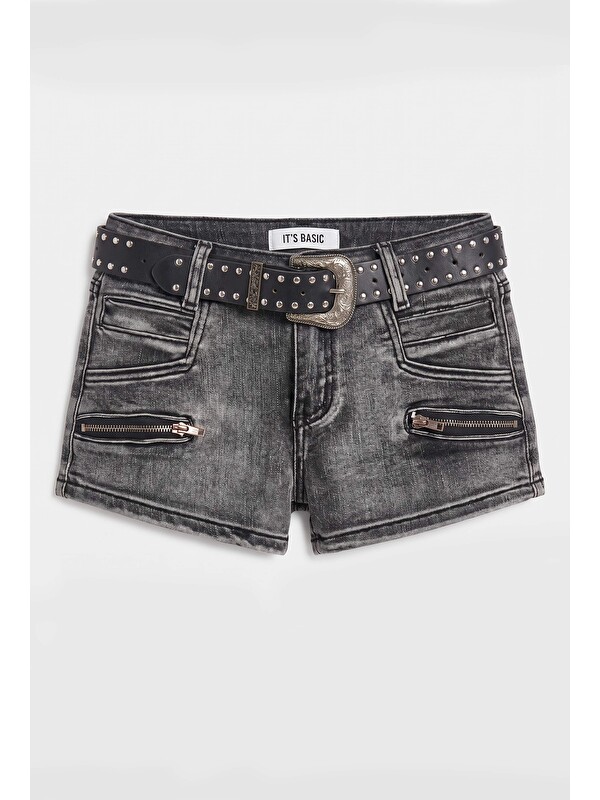It's Basic Kadın Koyu Füme Mini Kemer Dahil Özel Tasarım Denim Şort