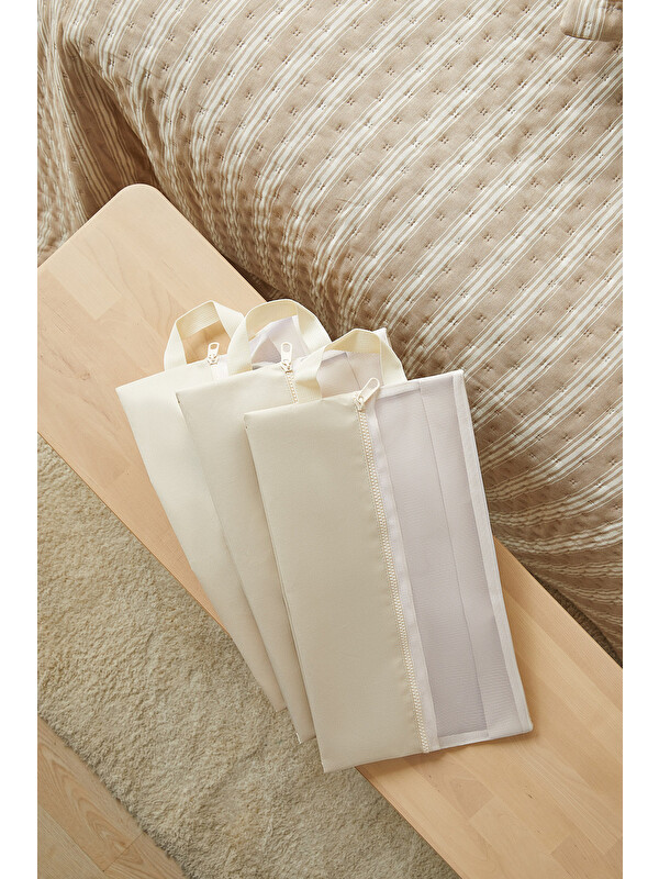 Ocean Home Textile 3'lü Bej Renk Fileli Oxford Kumaş Ayakkabı Düzenleyici Taşıma Çantası Seti 22 x 40 x 9 cm
