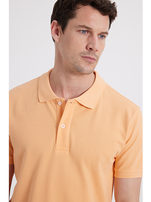 TUDORS Erkek Slim Fit Dar Kesim %100 Pamuk Kısa Kollu Polo Yaka Turuncu Tişört
