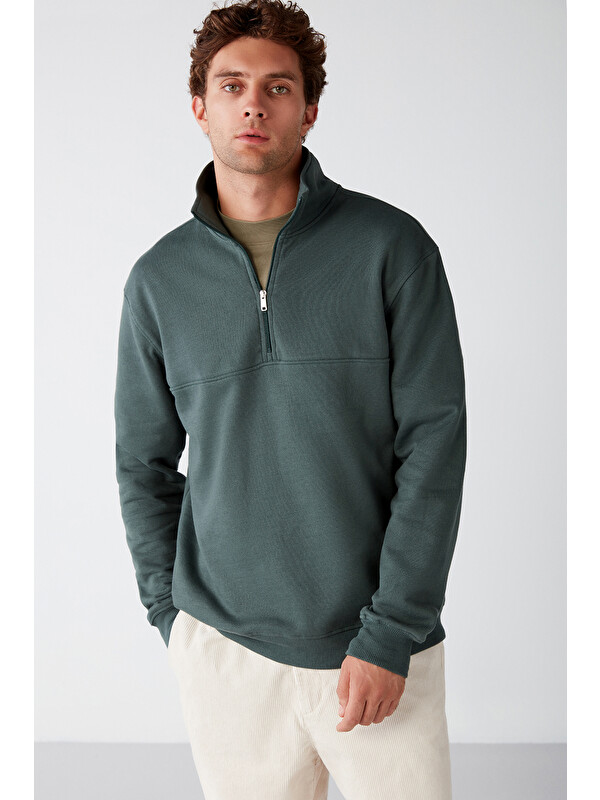 GRIMELANGE FRAME Erkek Yarım Fermuarlı Dik Yakalı Yumuşacık Kumaşlı Polarlı Regular YEŞİL Sweatshirt