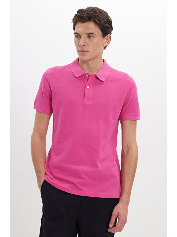 TUDORS Erkek Slim Fit Dar Kesim %100 Pamuk Kısa Kollu Polo Yaka Pembe Tişört