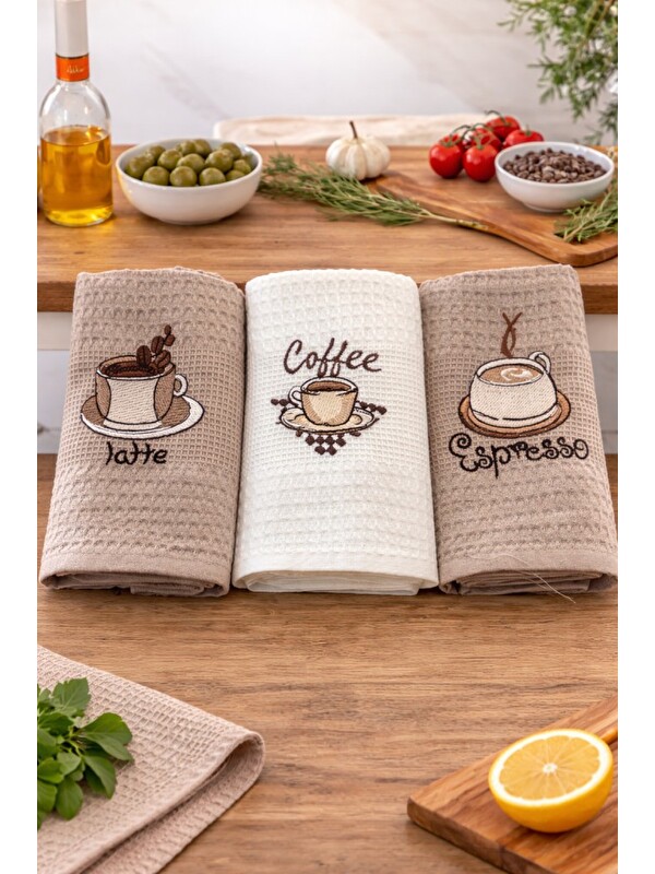 Mulberry 3’lü Nakışlı Waffle Mutfak Havlusu 40x60 cm – Süper Emici & Yumuşak