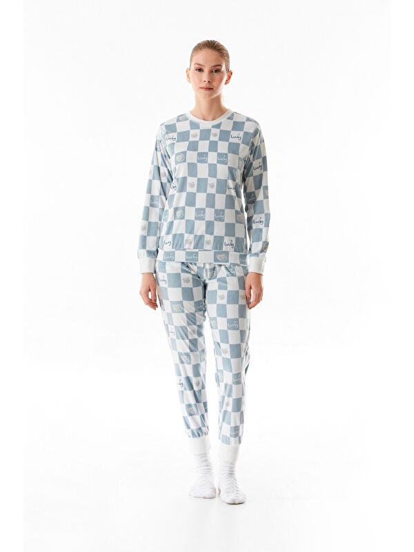 Fullamoda Dama Desenli Bisiklet Yaka 2'li Kadife Pijama Takımı