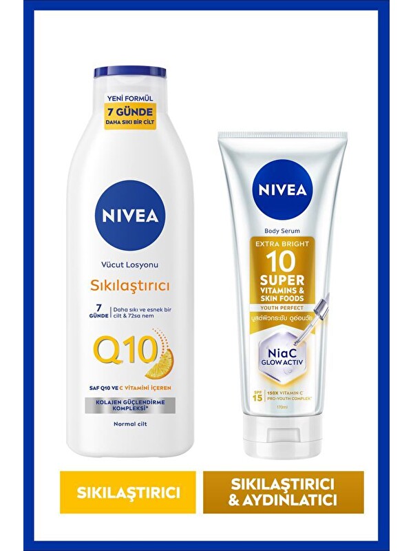 NIVEA Q10 Sıkılaştırıcı Vücut Losyonu 250 ml ve Super10 Aydınlatıcı,Sıkılaştırıcı Vücut Serumu 150 ml
