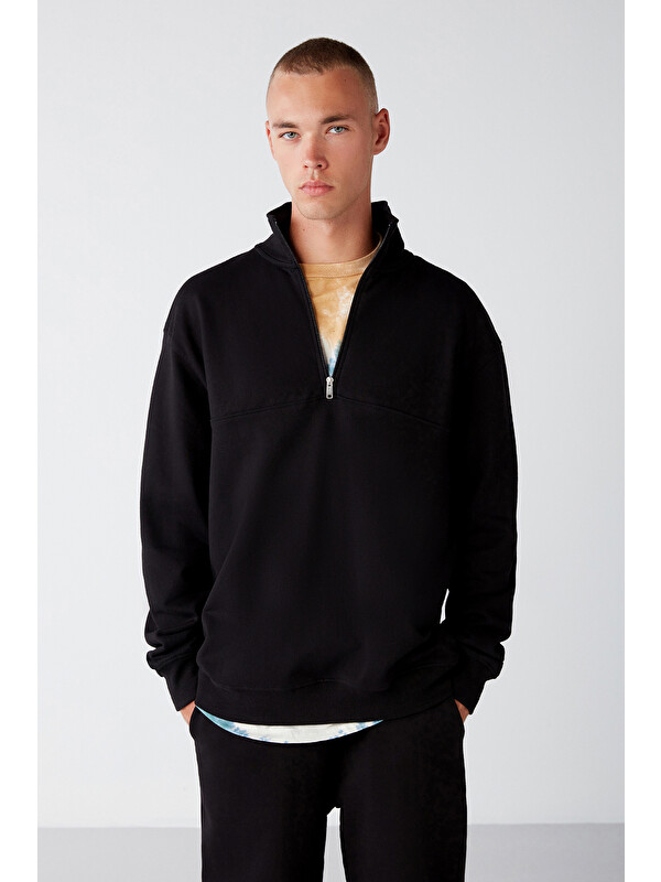 GRIMELANGE FRAME Erkek Yarım Fermuarlı Dik Yakalı Yumuşacık Kumaşlı Polarlı Regular SİYAH Sweatshirt