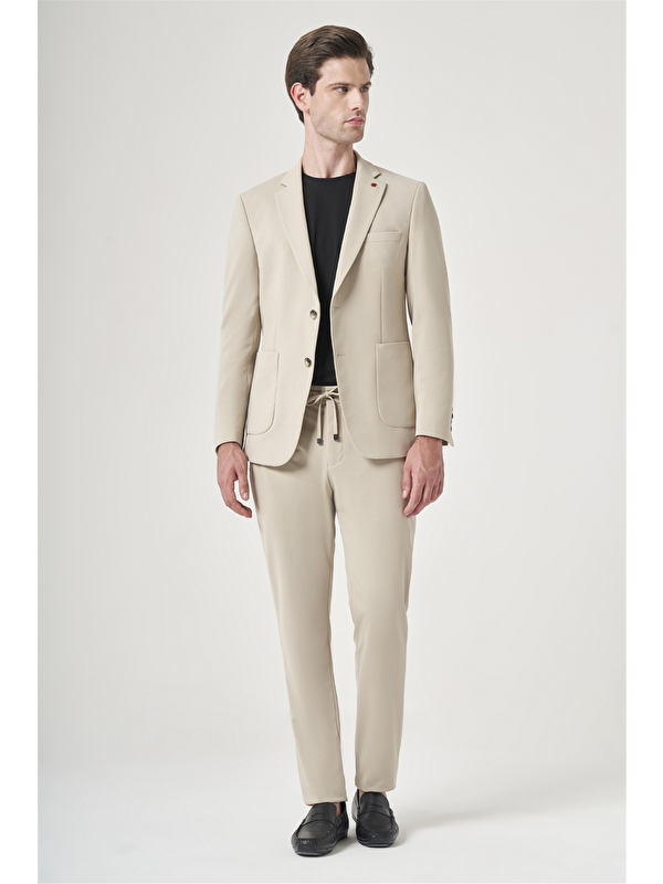 İMZA Bej Mono Yaka 6 Drop Slim Fit Beli Lastikli Takım Elbise 1001260194