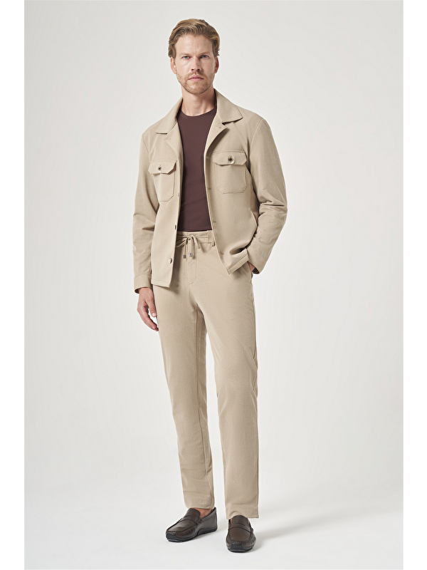 İMZA Bej Berberi Yaka Örme Beli Lastikli 6 Drop Slim Fit Astarsız Esnek Takım Elbise 1001260177