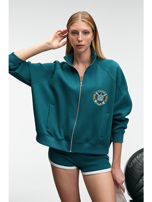 GRIMELANGE TORMENTA Kadın Nakışlı Fermuarlı Dik Yaka Çift Cepli Reglan Kol KOYU TURKUAZ Sweatshirt
