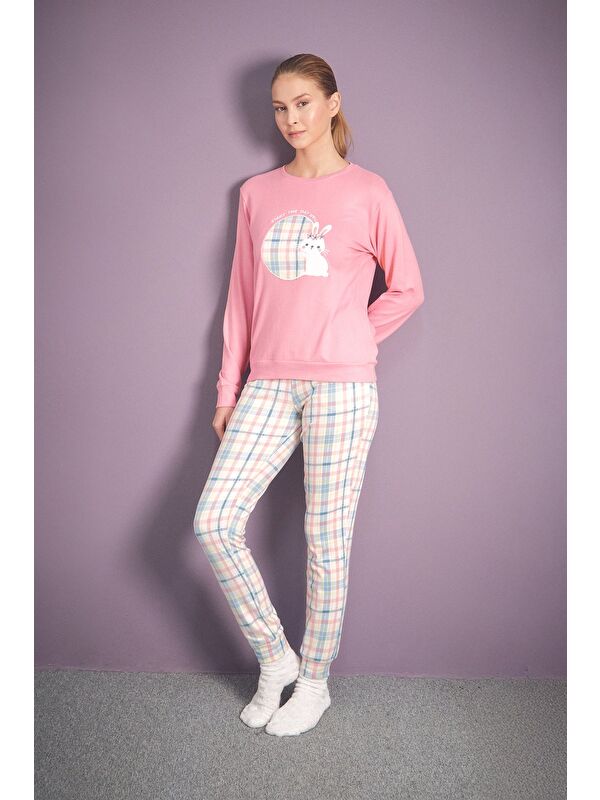Fullamoda Tavşan Nakışlı Bisiklet Yaka 2'li Pijama Takımı