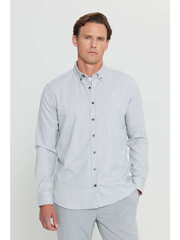 Altınyıldız Classics Erkek Gri Oxford Slim Fit Dar Kesim Düğmeli Yaka Kareli Esnek Gömlek