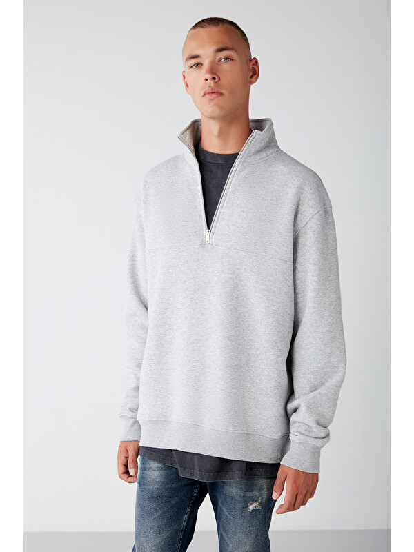 GRIMELANGE Erkek Yarım Fermuarlı Dik Yakalı Yumuşacık Kumaşlı Polarlı Regular GRİ MELANJ Sweatshirt