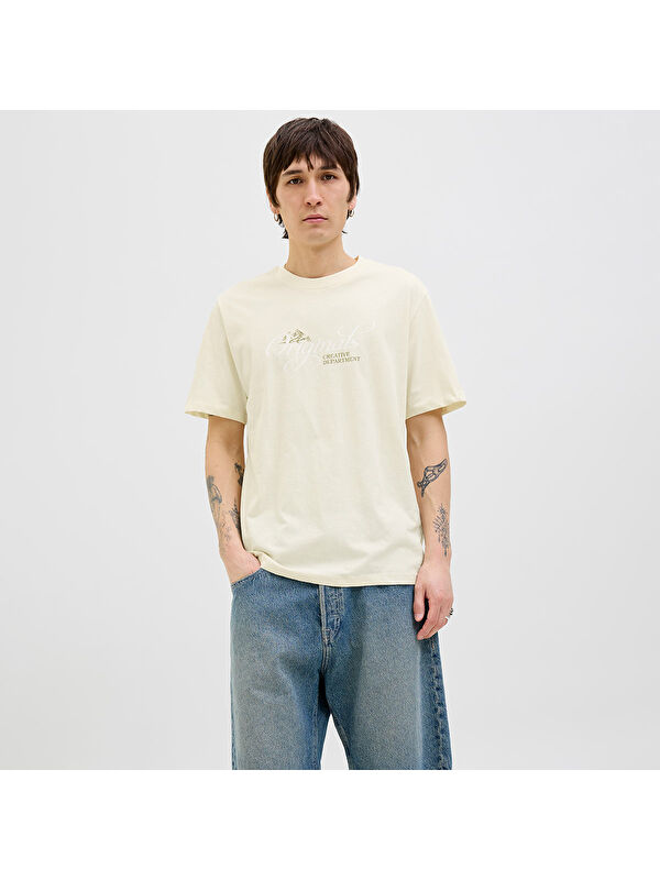 Jack & Jones Star Erkek Ekru Yuvarlak Yaka Spor Tişört