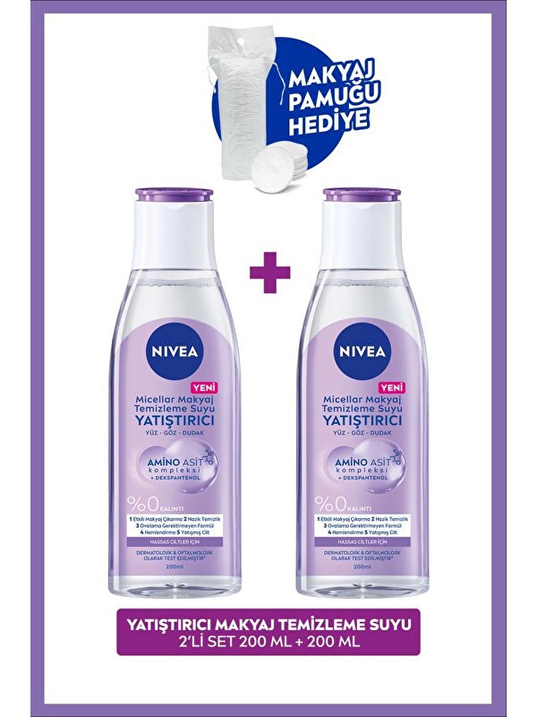 NIVEA Yatıştırıcı Micellar Makyaj Temizleme Suyu 200ml, Yüz Göz Dudak, Hassas Cilt, Pamuk Hediye, X2Adet