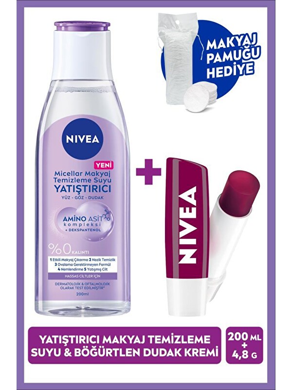 NIVEA Yatıştırıcı Micellar Makyaj Temizleme Suyu 200ml ve Böğürtlen Nemlendirici Dudak Kremi,Pamuk Hediye