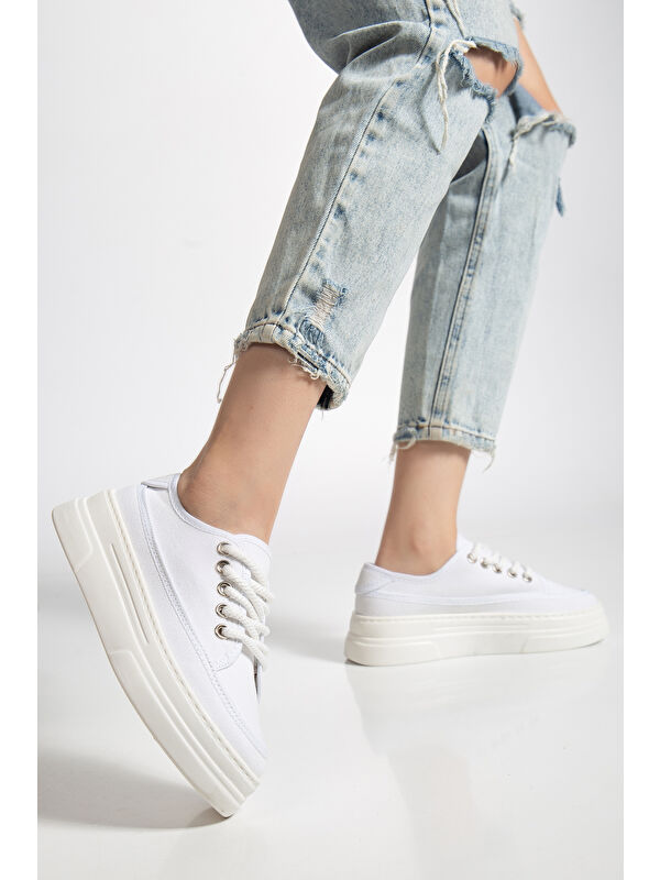 Tonny Black Beyaz Tonny Black Poli Taban Kadın Keten Halat Bağcıklı Spor Ayakkabı