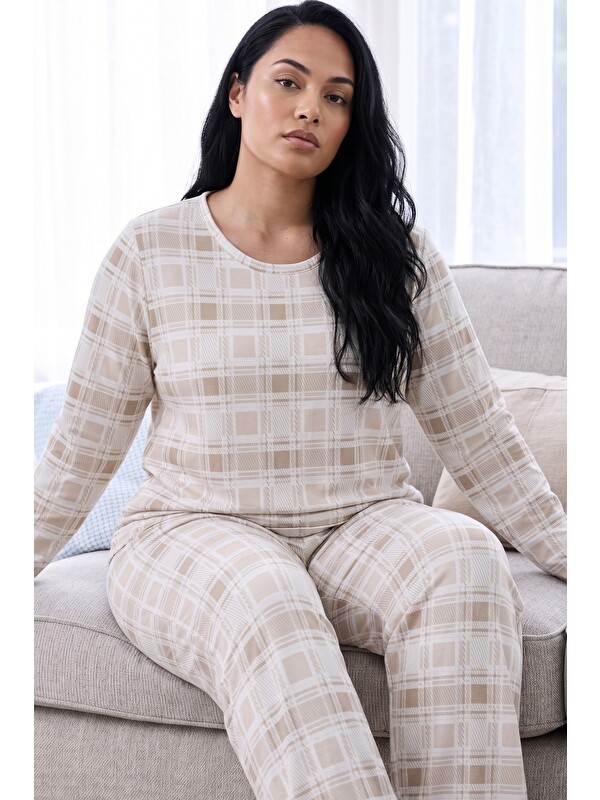 Siyah İnci Krem Ekose Desenli Termal Kumaşlı Ultra Soft Yumuşak Büyük Beden Battal Boy Örme Pijama Takımı