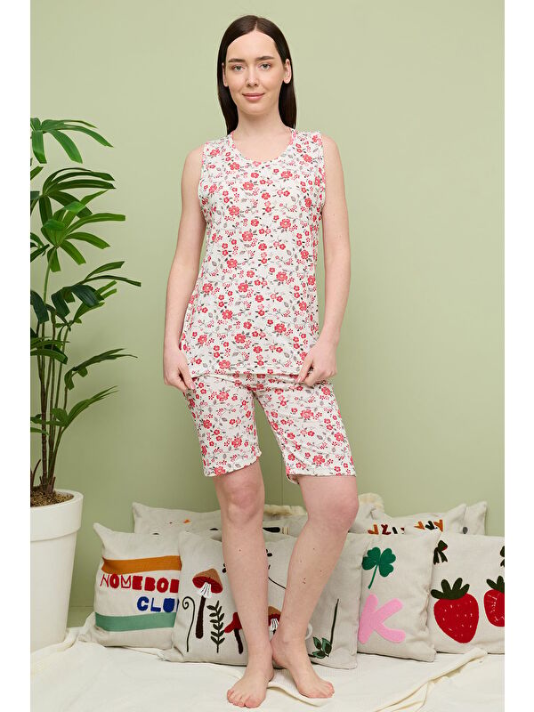 Fullamoda Kelebek Desenli Büyük Beden Kolsuz Kapri Pijama Takımı
