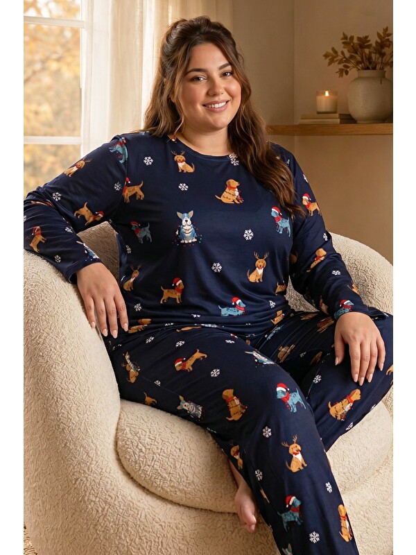 Siyah İnci Lacivert Desenli Termal Kumaşlı Ultra Soft Yumuşak Büyük Beden Battal Boy Örme Pijama Takımı