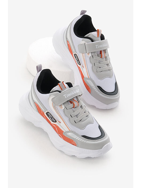 TONNY BLACK Çocuk Unisex Gri Oranj EVA Faylon Taban Desenli Cırtlı Lastik Bağcıklı Spor Ayakkabı