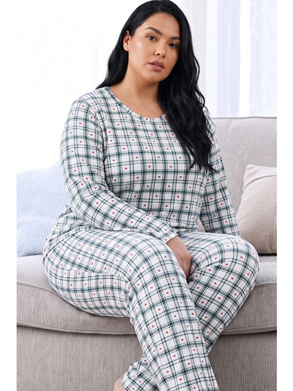 Siyah İnci Ekose Desenli Termal Kumaşlı Ultra Soft Yumuşak Büyük Beden Battal Boy Örme Pijama Takımı