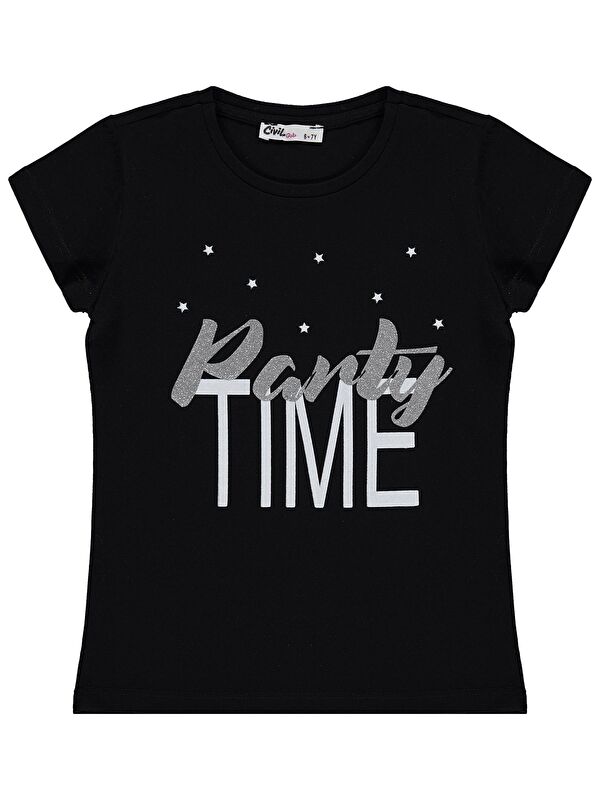 Civil Girls Party Time Baskılı 6-9 Yaş Tişört - Siyah