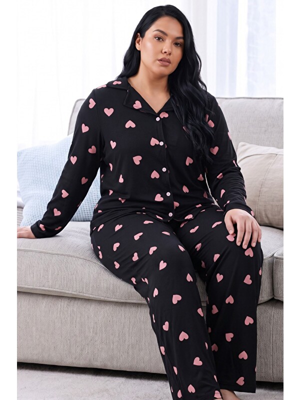 Siyah İnci Siyah Desenli Termal Kumaşlı Ultra Soft Yumuşak Büyük Beden Battal Boy Düğmeli Örme Pijama Takımı