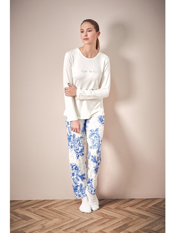 Fullamoda Yazı Baskılı Bisiklet Yaka 2'li Pijama Takımı