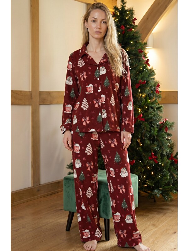 Siyah İnci Bordo Yılbaşı Temalı Desenli Termal Kumaşlı Ultra Soft Yumuşak Düğmeli Örme Pijama Takımı