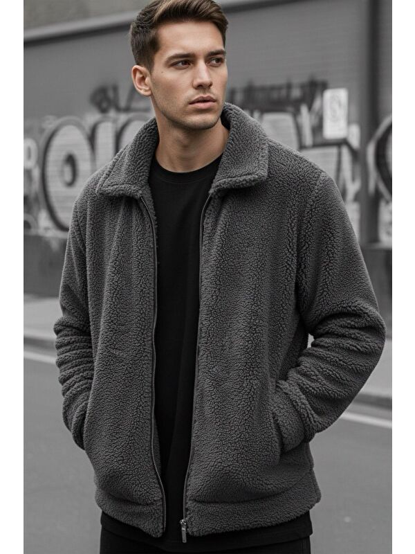Oksit Harris Pelüş Tam   Gömlek Yaka Kalın Hırka Erkek Fermuarlı Sweatshirt Hırka Polar