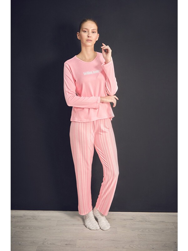 Fullamoda Yazı Baskılı Bisiklet Yaka 2'li Pijama Takımı