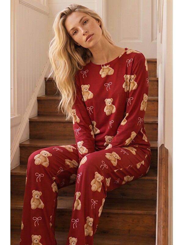 Siyah İnci Kırmızı Desenli Termal Kumaşlı Ultra Soft Yumuşak Örme Pijama Takımı