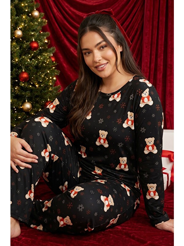 Siyah İnci Siyah Yılbaşı Temalı Desenli Termal Kumaşlı Ultra Soft Yumuşak Büyük Beden Battal Boy Örme Pijama Ta