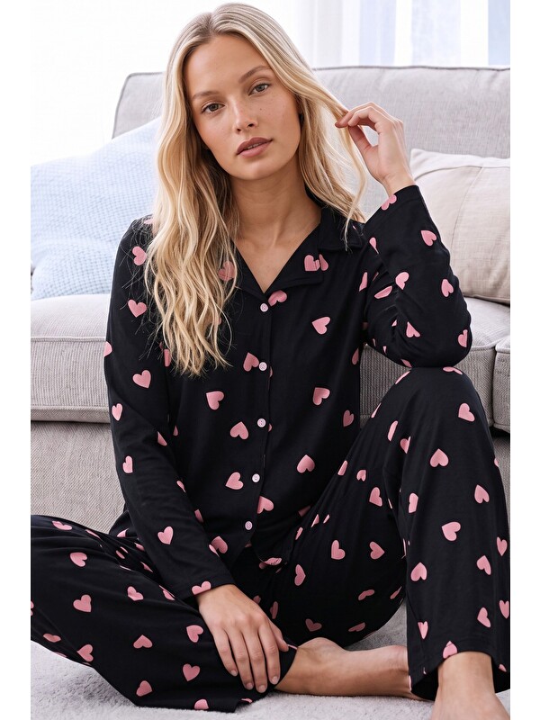 Siyah İnci Siyah Desenli Termal Kumaşlı Ultra Soft Yumuşak Düğmeli Örme Pijama Takımı