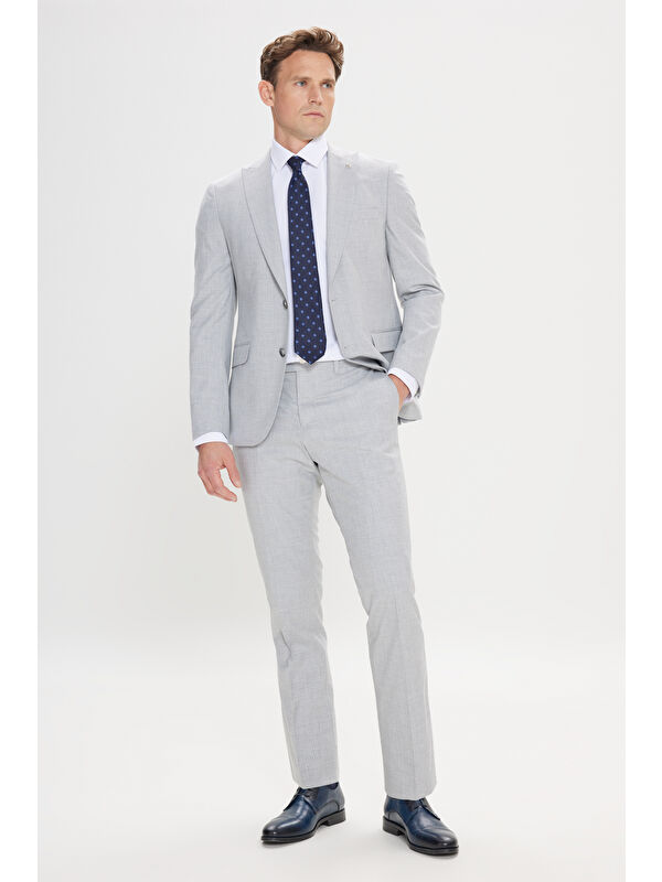Altınyıldız Classics Erkek Gri-Lacivert Ekstra Slim Fit Kırlangıç Yaka Çizgili Takım Elbise