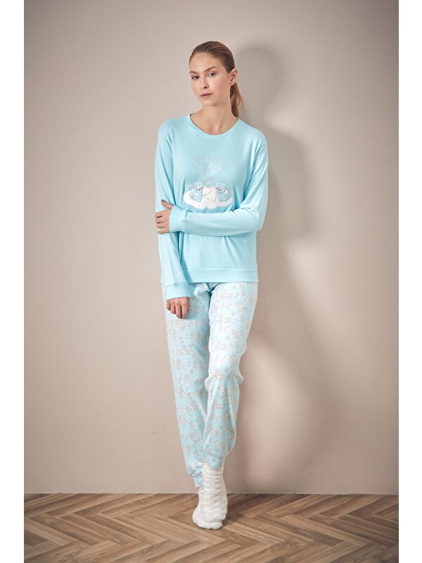 Fullamoda Ayıcık Nakışlı Bisiklet Yaka 2'li Pijama Takımı