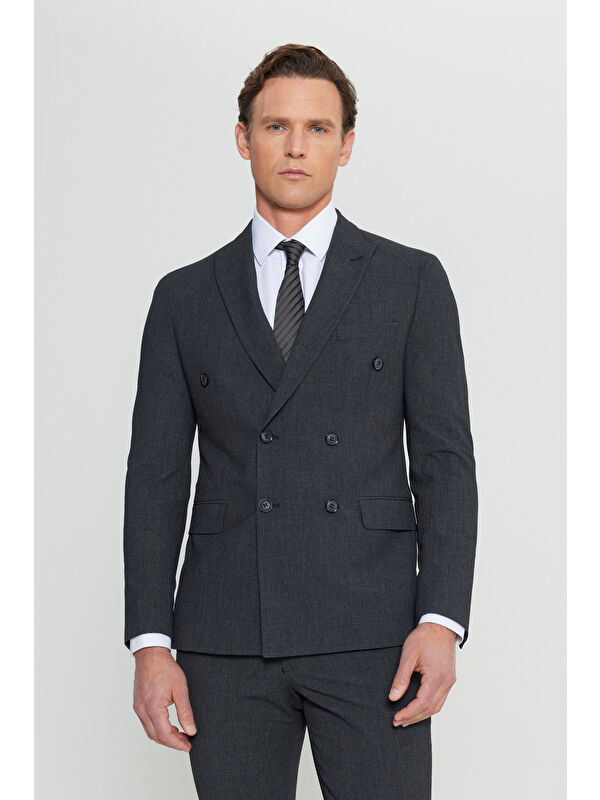Altınyıldız Classics Erkek Antrasit Slim Fit Dar Kesim Kırlangıç Yaka Desenli Kapak Cepli Esnek Kruvaze Takım Elbise