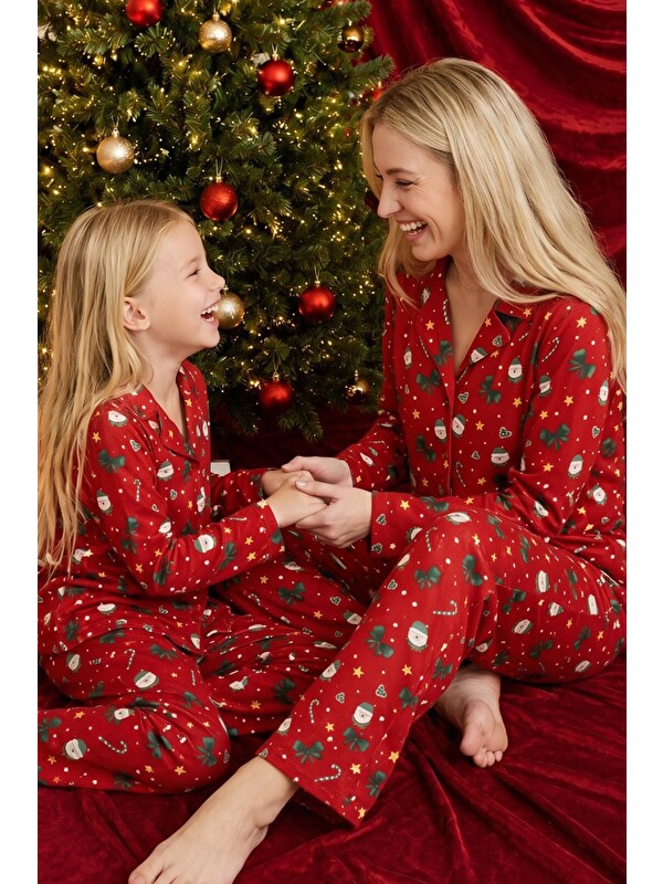 Siyah İnci Kırmızı Yılbaşı Temalı Desenli Termal Kumaşlı Ultra Soft Yumuşak Düğmeli Örme Pijama Takımı