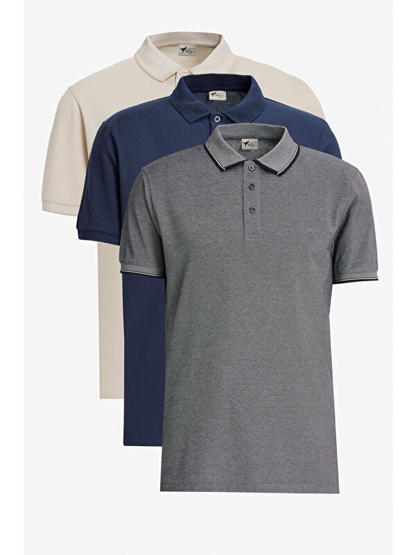 AC&Co / Altınyıldız Classics Erkek LACIVERT-ACIK BEJ BEYAZ-ACIK SIYAH Slim Fit Dar Kesim 3 'lü Kıvrılmaz Polo Yaka Tişört