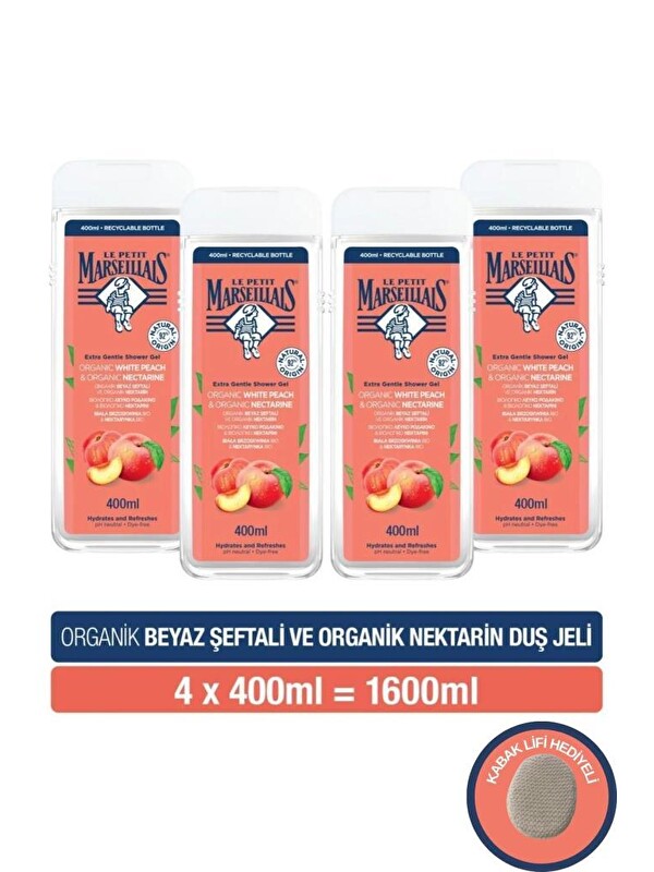 Le Petit Marseillais Beyaz Şeftali Ve Nektarin Nemlendirici Banyo Ve Duş Jeli 400 ml x4 adet ve Kabak lifi hediye