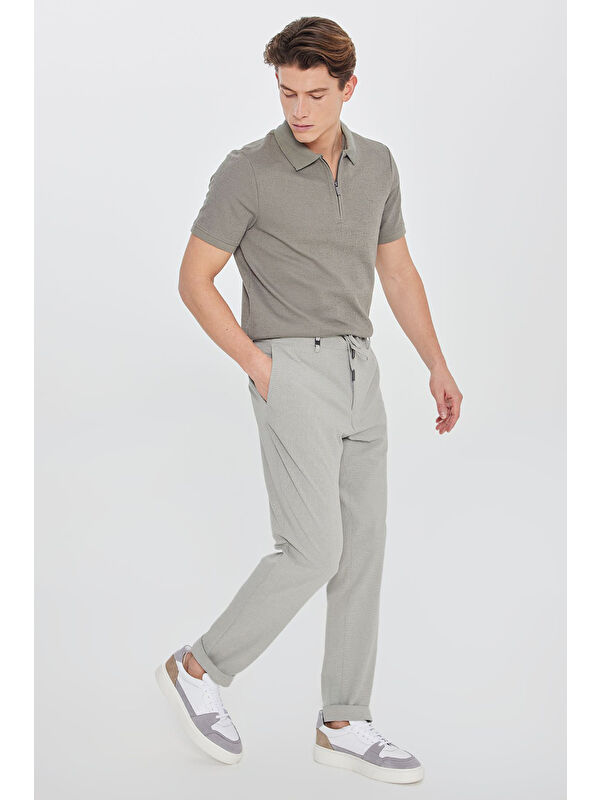 Altınyıldız Classics Erkek Gri Slim Fit Beli Bağlamalı Gofre Desenli Yan Cep Casual Pantolon
