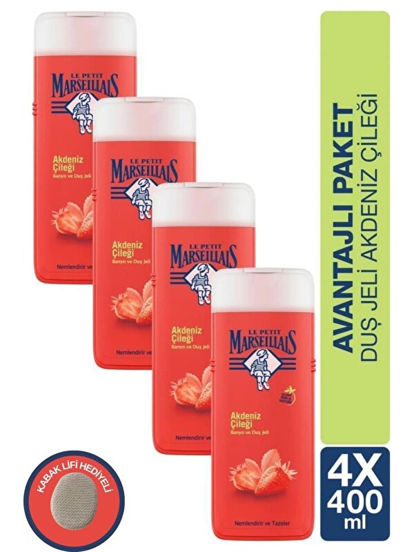 Le Petit Marseillais Akdeniz Çileği Nemlendirici Banyo ve Duş Jeli 400ml x 4 Adet ve Kabak lifi hediye