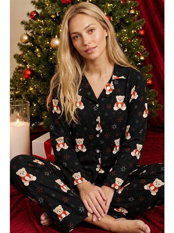 Siyah İnci Siyah Yılbaşı Temalı Desenli Termal Kumaşlı Ultra Soft Yumuşak Düğmeli Örme Pijama Takımı