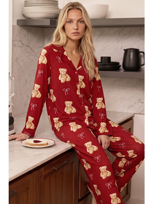 Siyah İnci Kırmızı Desenli Termal Kumaşlı Ultra Soft Yumuşak Düğmeli Örme Pijama Takımı
