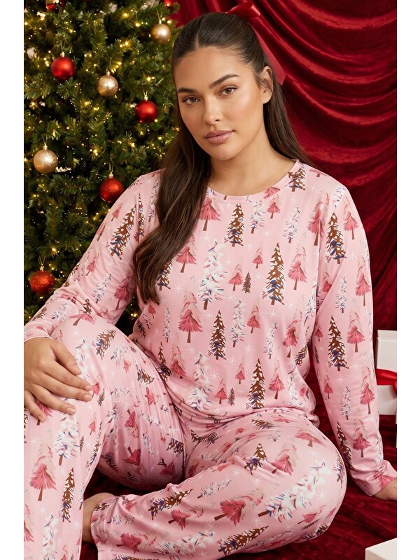 Siyah İnci Pembe Yılbaşı Temalı Desenli Termal Kumaşlı Ultra Soft Yumuşak Büyük Beden Battal Boy Örme Pijama Ta
