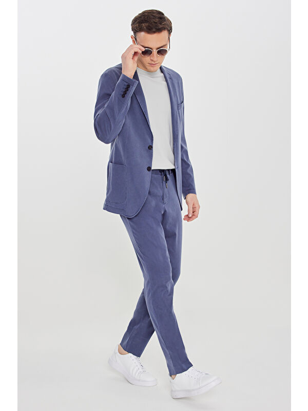 Altınyıldız Classics Erkek Mavi Slim Fit Mono Yaka Beli Bağlamalı Torba Cepli Esnek Takım Elbise