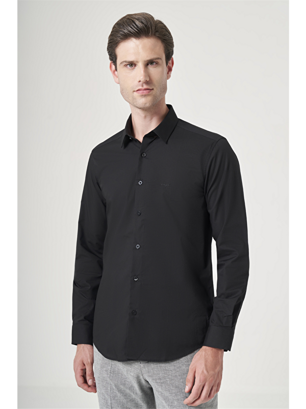İMZA Siyah Sert Yaka Uzun Kol Cepsiz Slim Fit Pamuklu Gömlek 1004260181