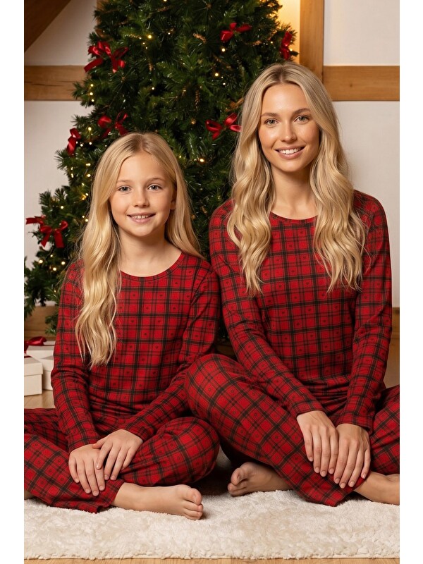 Siyah İnci Kırmızı Ekose Desenli Termal Kumaşlı Ultra Soft Yumuşak Örme Pijama Takımı