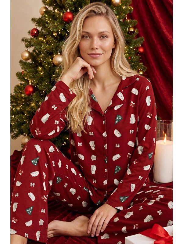 Siyah İnci Bordo Yılbaşı Temalı Desenli Termal Kumaşlı Ultra Soft Yumuşak Düğmeli Örme Pijama Takımı
