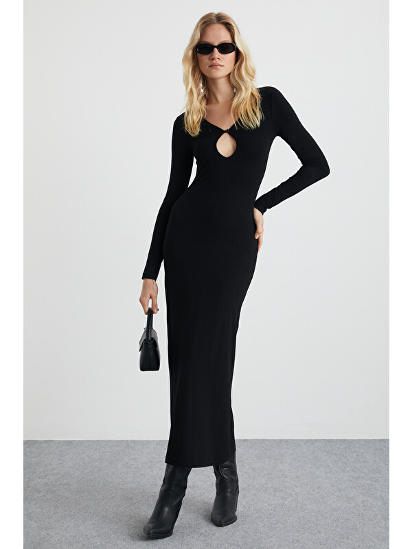 ETHIQUET LURVIN Kadın Viscon Elastanlı Dekolte yaka Vücüdü Saran Bodycon Maxi SİYAH Elbise
