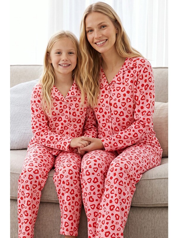 Siyah İnci Pembe Desenli Termal Kumaşlı Ultra Soft Yumuşak Düğmeli Örme Pijama Takımı